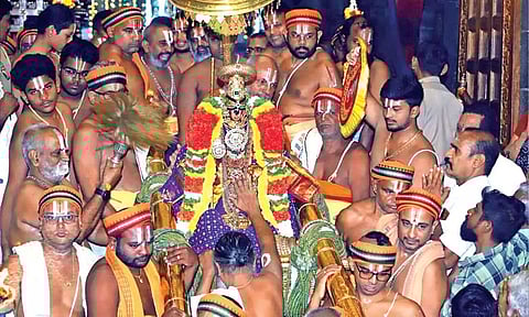 Lord Namperumal taken in a procession on Day One of Pagal Pathu at Sri Ranganathaswamy temple in Srirangam