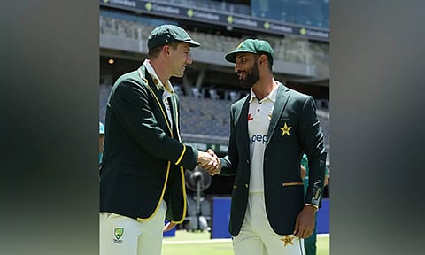 Pat Cummins and Shan Masood (Photo: Cricket.com.au/X)