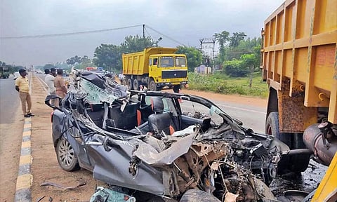 Mangled remains of car at Sengipatti in Thanjavur-Tiruchy bypass on Friday