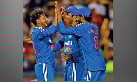 Kuldeep Yadav celebrates the dismissal of South Africa’s Lizaad Williams 