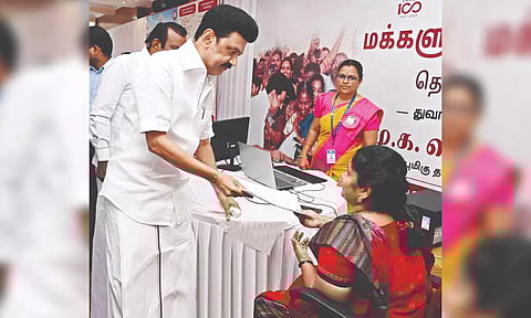 CM MK Stalin receiving a petition as part of ‘Makkaludan Mudhalvar’ scheme in Coimbatore on Monday.