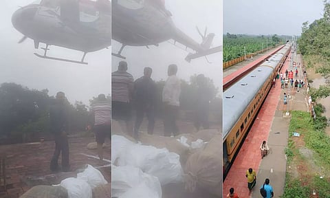 Chopper providing relief materials; Vanchi Maniyacchi railway station