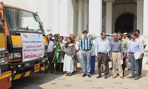 Mayor Priya flags off relief material on tuesday (Image: Hemanathan M)