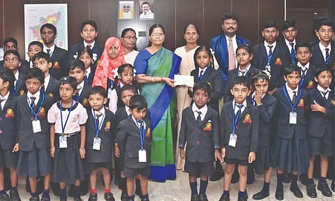 Students from a private school from Perambalur donated a fund of Rs 25,000 to CM's Relief Fund.