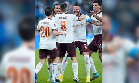 Manchester City players celebrating after a goal (IANS)