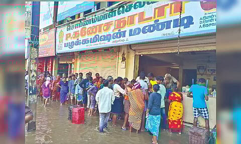 People staying on roads in villages due to flooding in Thoothukudi.