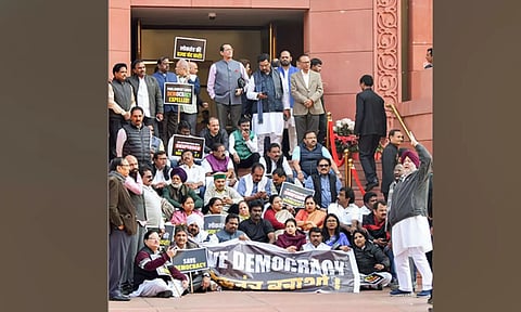 Suspended MPs during a protest in Parliament complex on December 20 (ANI)