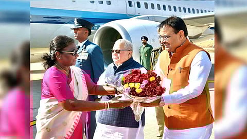 President Droupadi Murmu welcomed at Jaisalmer airport by Chief Minister Bhajan Lal Sharma on Saturday (ANI)