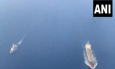 ICGS Vikram escorting India-bound MV Chem Pluto after drone attack (Photo: ANI)