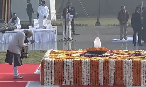 PM Modi pays floral tribute to former PM Atal Bihari Vajpayee at 'Sadaiv Atal' memorial, on his birth anniversary. (ANI)