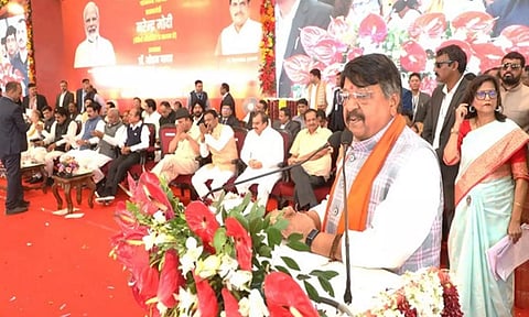 Kailash Vijayvargiya addressing the gathering of 'Mazdooron Ka Hit Mazdooron ko Samarpit' program. (ANI)
