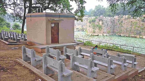 Newly-constructed concrete benches, projector room and walls of the Vellore Fort to screen 3D shows