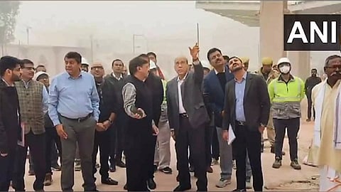 Ram Mandir Construction Committee chairman Nripendra Misra inspecting the work (ANI)