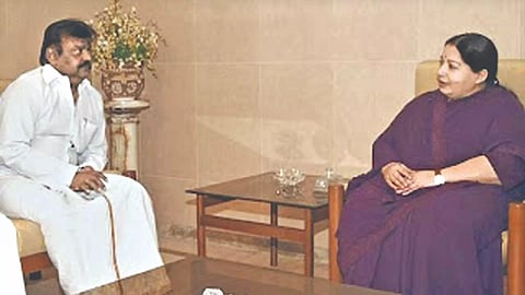‘Captain’ Vijayakant with former Chief Minister J Jayalalithaa