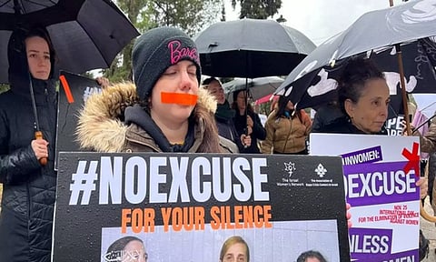Protest against international silence over sexual violence by Hamas on southern Israel on October 7 (Reuters)
