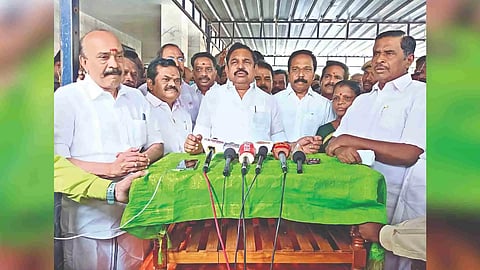 EPS speaking to the press in Tiruchy after unveiling the portrait of Musiri ex-MLA Prince M Thangavel who passed away recently