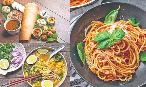 South Indian tiffin, Pasta al pomodoro, and Mohinga - A Burmese dish (Clockwise)