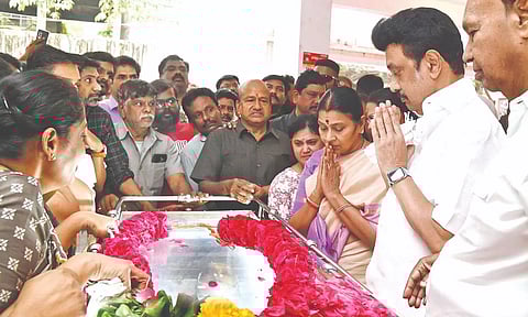 CM MK Stalin and his wife Durga Stalin pay homage to Selvam in Chennai on Wednesday