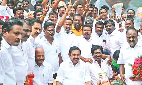 AIADMK general secretary Edappadi K Palaniswami during a meeting with party IT wing members in Chennai on Wednesday