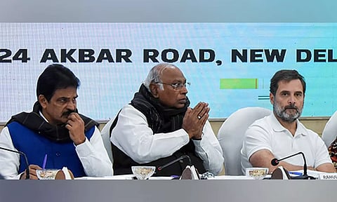 Congress president Mallikarjun Kharge with Rahul Gandhi and KC Venugopal Rao. (ANI)