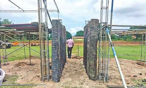 Vadivasal being readied for the first jallikattu event in Sri Lanka