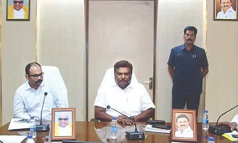 Minister SS Sivasankar during the meeting with the members of various unions, in MTC office on Friday
