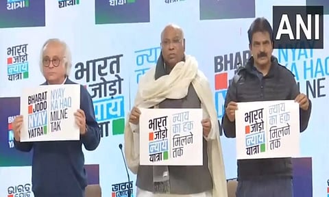 Congress leaders unveil logo and slogan of Bharat Jodo Nyay Yatra. (ANI)