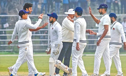 Mumbai players celebrate a wicket