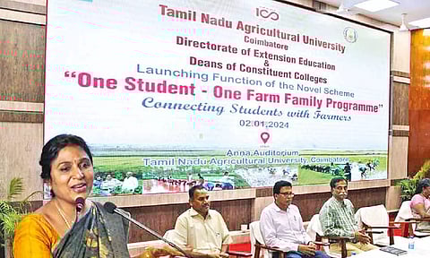 TNAU V-C Dr V Geethalakshmi speaks during the launch of One Student-One Farm Family Programme