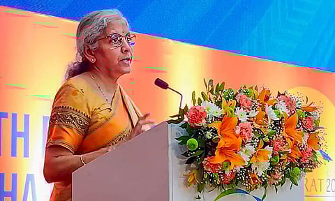 Finance Minister Nirmala Sitharaman speaking at a session during the Vibrant Gujarat Global Summit 2024, in Gandhinagar, (PTI)