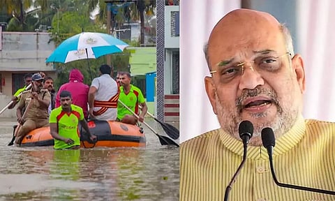 People wading through a flood-affected road in Thoothukudi district due to heavy rains (left); Union Home Minister Amit Shah (File)