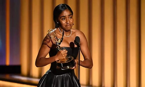 Ayo Edebiri accepts her award onstage during the 75th Emmy Awards in Los Angeles. (AFP)