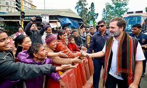 Congress leader Rahul Gandhi greets supporters during the 'Bharat Jodo Nyay Yatra', in Kohima, Nagaland. (PTI)