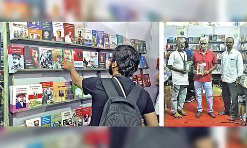 Tirupur Guna and his friends outside the stall at the book fair on Friday