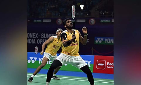 Satwiksairaj Rankireddy and Chirag Shetty in action during India Open 2024