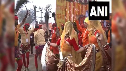 Visuals of folk dance performed outside the Ram temple in Ayodhya. (Photo/ANI)