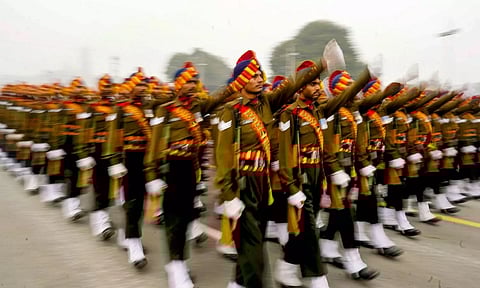 Bengal Engineer Group contingent during rehearsal for the Republic Day Parade 2024 in New Delhi on Sunday. (PTI)