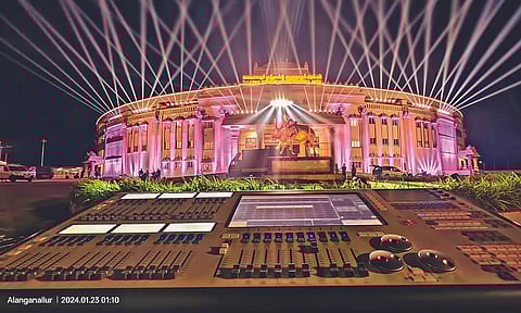 A frontal view of the newly built Kalaignar Centenary Aeruthazhuvuthal Arena at Keelakarai in Madurai