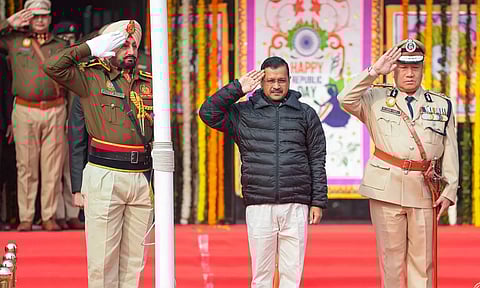 Delhi CM Arvind Kejriwal hoists the national flag during the Republic Day function of Govt. of NCT of Delhi in New Delhi on Thursday. (PTI)