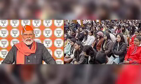 PM Narendra Modi interacts with first time voters at the 'Nav Matdata Sammelan' on Thursday. (PTI)