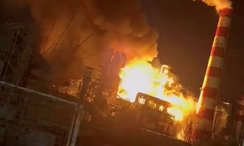 Smoke and flames rise after a fire broke out at a large oil refinery in Tuapse (Reuters)