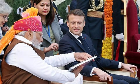 PM Modi with French President Emmanual Macron during the 75th Republic Day celebrations in New Delhi on January 26, 2024. (ANI)