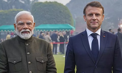 PM Modi with French President Emmanuel Macron during the 'At-Home' reception on the occasion of 75th Republic Day at the Rashtrapati Bhavan in New Delhi. (PTI)