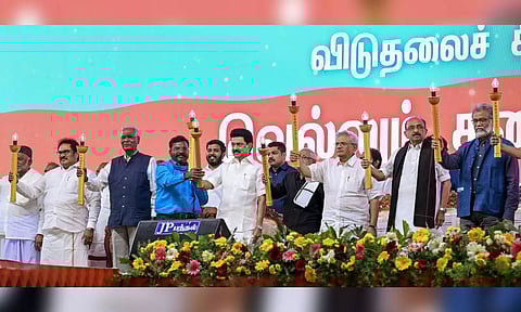 TN CM MK Stalin with CPI(M) General Secretary Sitaram Yechury, CPI General Secretary D Raja, VCK President Thol. Thirumavalavan, Congress leader Thirunavukkarasar, and other leaders of the INDIA bloc during the VCK's Vellum Jananayagam conference in Tiruchy district on Friday. (PTI)