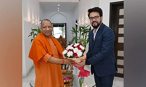  UP CM Yogi Adityanath with Union Minister of Government of India Anurag Thakur in Lucknow. (ANI)