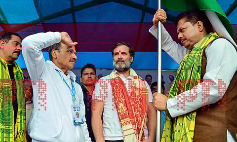 West Bengal Congress chief Adhir Ranjan Chowdhury receives the 'Bharat Jodo Nyay Yatra' flag and welcomes Rahul Gandhi and other leaders as the 'yatra' enters the State in Cooch Behar on Thursday. (PTI)