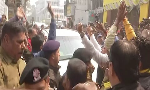 RJD leader Tejashwi Yadav reaches ED office in Patna (Photo: ANI)