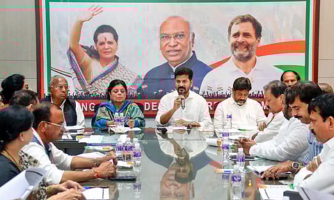 Telangana CM Revanth Reddy addresses a press conference after the Telangana Pradesh Election Committee meeting ahead of the Lok sabha election (PTI) 