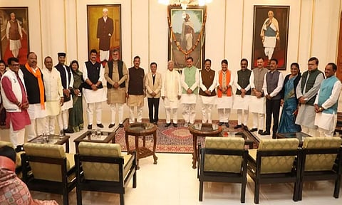 MP CM Mohan Yadav calls on Governor Mangubhai Patel with cabinet members (ANI)