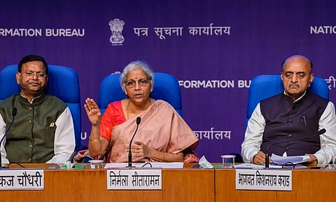 Union Finance Minister Nirmala Sitharaman addresses the post-Budget press conference in New Delhi on Thursday. (PTI)